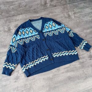 Y2K's 00's Navy Blue Geometric Aztec Cable Knit Button Oversize Cardigan Sweater
